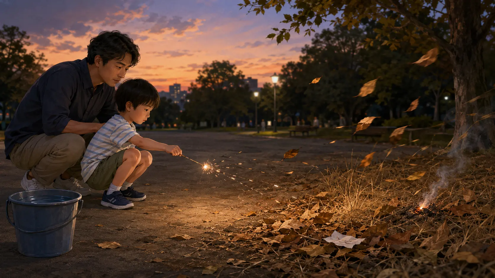 、風が強い日は花火を中止する必要があります。強風によって火花が予想以上に遠くまで飛ばされ、離れた場所の枯れ草や落ち葉などに着火する可能性があるためです。