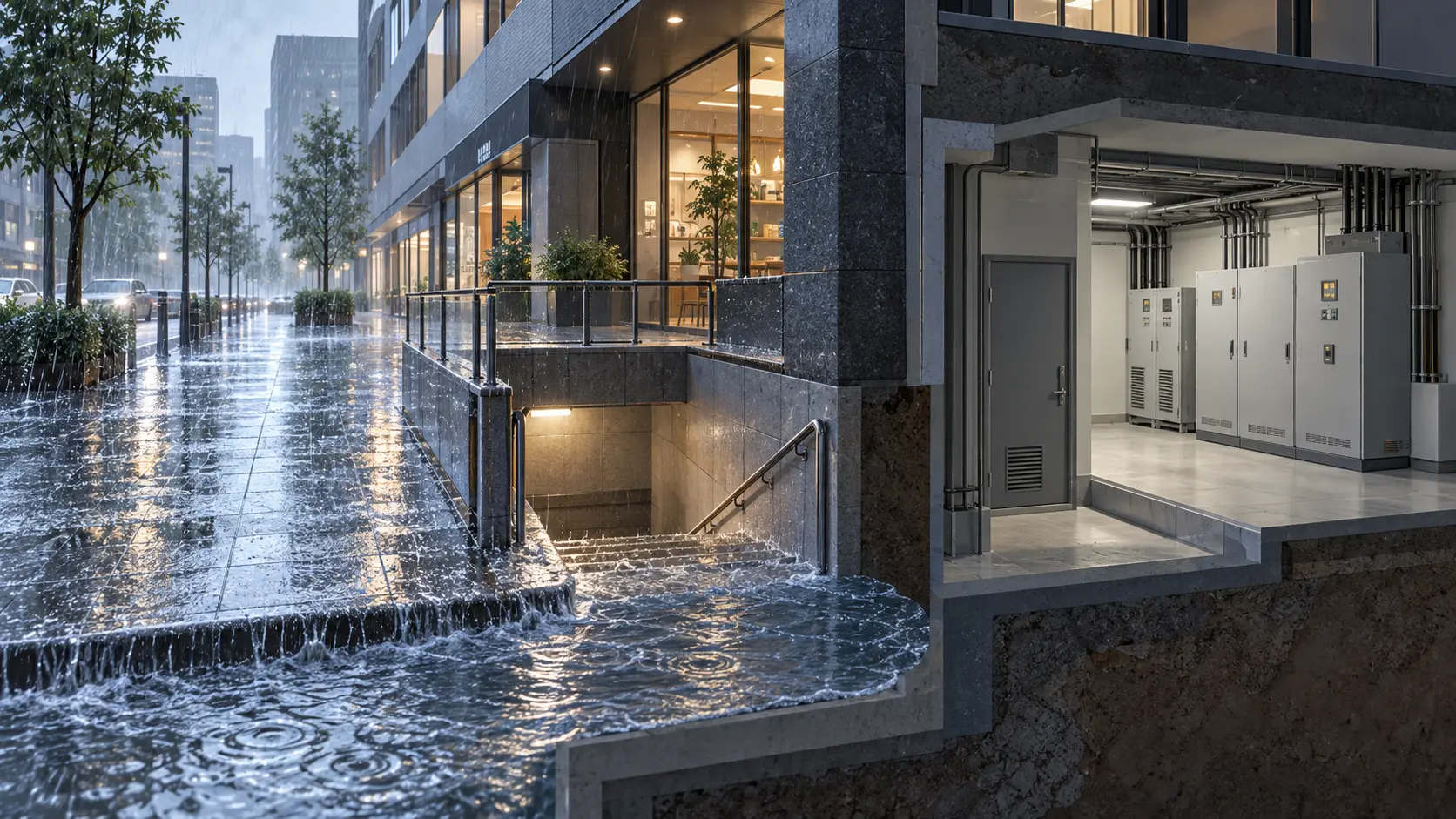 大雨で水が流れ込む建物の地下入口と、奥にある電気設備室のイメージ