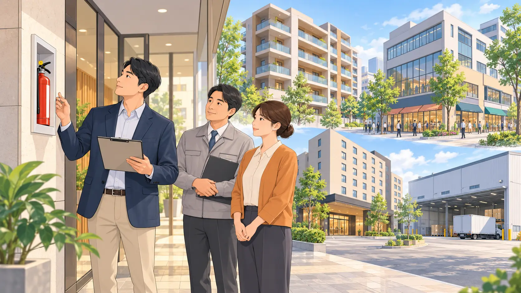 消火器を確認する防火管理者と現場担当者。背景にはマンション、オフィス・店舗、ホテル、物流施設が描かれている。