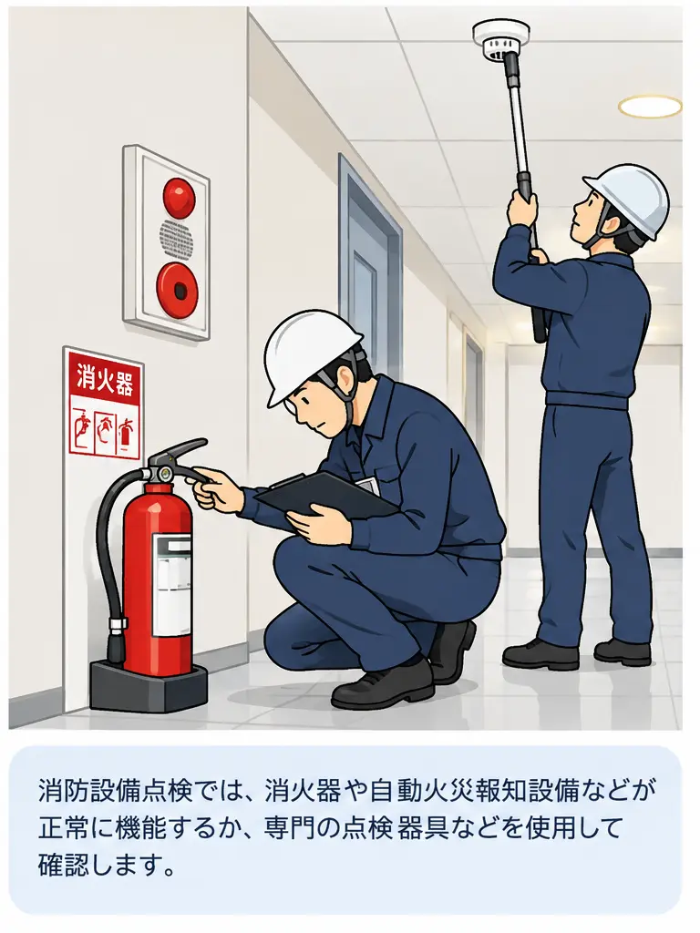 消防設備点検では、消火器や自動火災報知設備などが正常に機能するか、専門の点検器具などを使用して確認します。
