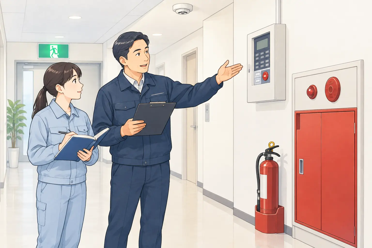 さまざまな消防用設備について、経験のある点検員から説明を受ける様子。消防設備点検資格者は、第1種・第2種で点検できる設備が異なります。対象となる建物に設置された設備を確認し、取得する資格を選ぶことが大切です。